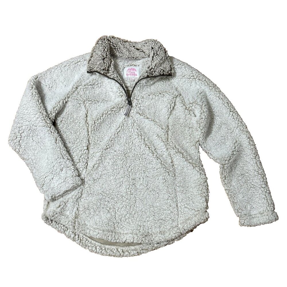 Cozy Sherpa Pullover Jacket 1/4 Zip Faux Fur Gray White Fuzzy Coat Collar Medium